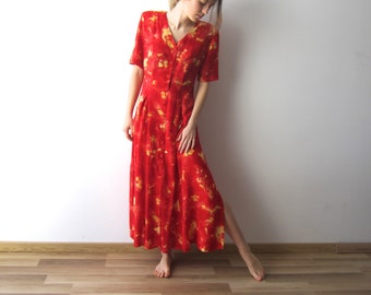 90's Summer Dress Bright Red Dress Short Sleeve Button Up Dress Hipster Girl Shirt Dress Small to Medium Size Red Midi Dress Vintage Dress