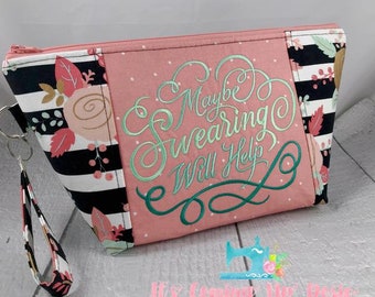 Maybe Swearing Will Help B&W Coral Stripe Floral - Knitting Project Bag - Crochet Bag