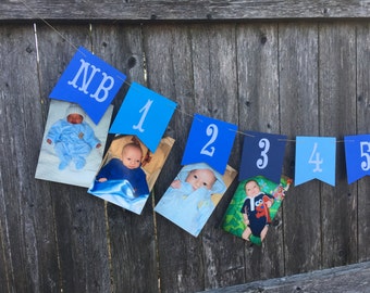 12 month photo banner, 1st birthday photo banner, first year banner, boy birthday banner