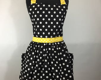 Retro Full Apron black yellow polka dots pockets adjustable tie women gift
