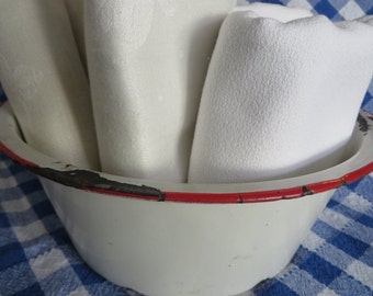Red Trimmed Enamel Round Bowl or Pan // Enamel Ware or Tin Ware // Cottage Kitchen Vintage Rustic or Primitive Decor