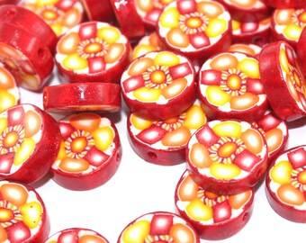 CLEARANCE SALE. Polymer clay beads, round flat beads in red, orange, yellow and white, set of 37 flower beads