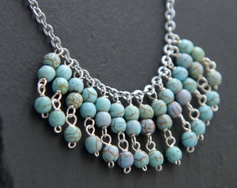 Turquoise Necklace, Sterling Silver, Fringe Necklace, Tassel Necklace, Aqua, Gemstone, Row Necklace, Silver Chain Necklace, Boho, Hippie