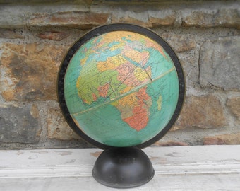 Vintage Globe 8 inch Standard Replogle World Globe with Metal Base Arm Geography Earth Travel Wedding Decor 1930s Antique Made in Chicago