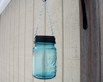 Mason Jar Hanging Solar Light. Outdoor Lanterns, Garden Decor, Eco friendly vintage blue ball mason jar hanging light