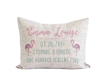 Flamingo Birth Announcement Pillow, Customized New New Baby Pillow, Nursery Decor, New Mom, Nursery Decor