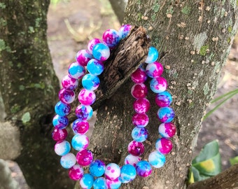 SALE Pink, blue and white 8mm glass bead bracelet