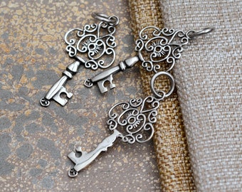 Skeleton Key Pendant Sterling Silver Filigree Key Old Antique Key Charm Key to My Heart Jewelry Key Necklace Jewelry Making One, BS17-1111G