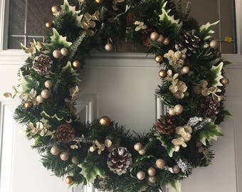 Front Door Wreath, Christmas Wreath,Winter Wreath, Home Decor, Handmade Wreath,Evergreen Wreath, Golden Wreath