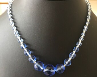 Sky Blue Faceted Crystal Glass Graduated Bead Choker Necklace
