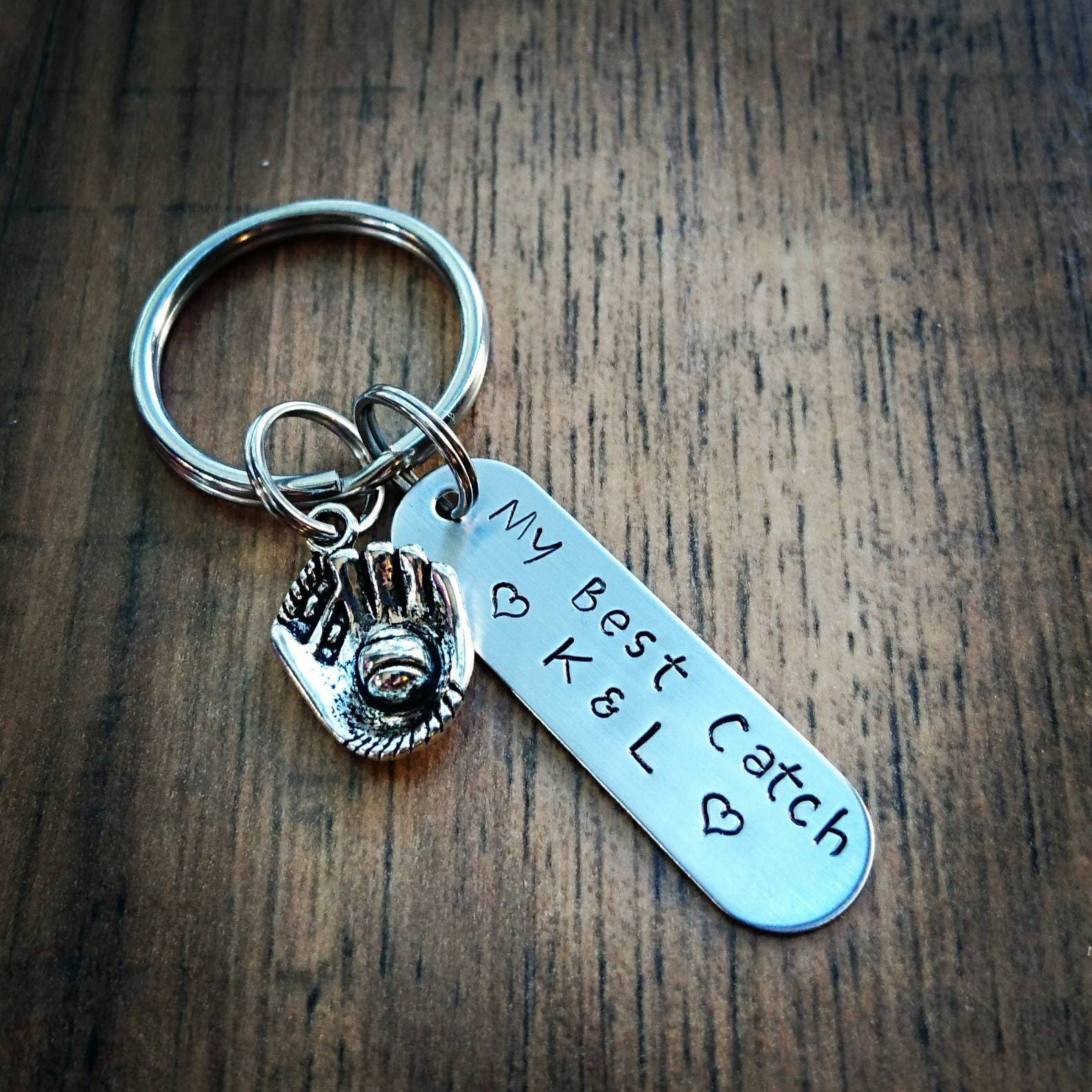 Hand Stamped My Best Catch Keychain Baseball Keychain