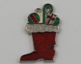 Christmas Stocking With Red & Green Enamel Sterling Silver Vintage Charm For Bracelet