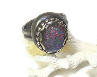 Opal and Sterling Ring in Kalidoscope Colors, Groovy Baby R112