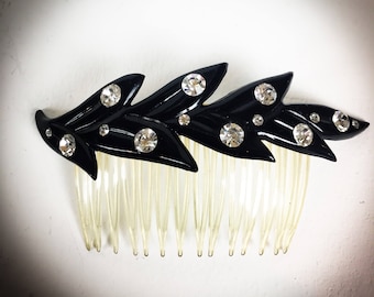 Vintage 1980s Black and Rhinestone Hair Comb