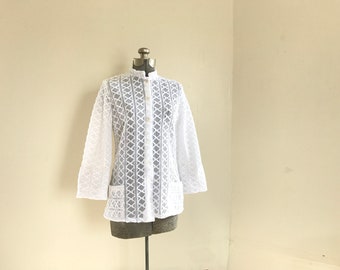 Vintage 1960s Teddi of California Lace Crochet - Like White Summer Shirt Jacket with Flare Sleeves Boho Bohemian Style