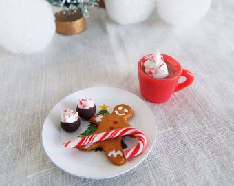 Miniature COOKIES for Santa on Plate with Gingerbread Man, Candy Cane, Cocoa - 1:6 Scale Polymer Clay Food for Fashion Dolls and Figures