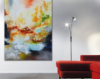 Large Abstract original Painting, blue green orange landscape, Abstract Original Painting, Mixed media art, modern painting, one of a kind