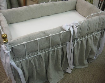 Washed Oatmeal Linen Farmhouse Crib Bedding---Bright White Sash Ties-Crib Bedding Basics-Gathered Crib Skirt-Washable Crib Bedding
