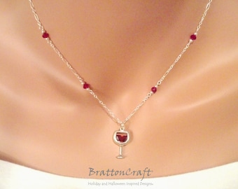 Sterling Silver Wine Glass Necklace with Red Beads - Wine Lover Necklace - Red Wine Glass Necklace - Wine Jewelry