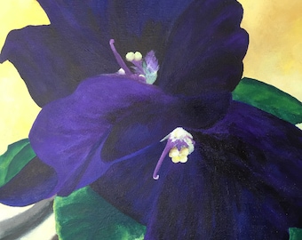 Acrylic painting, African Violet, Muted Yellow Background