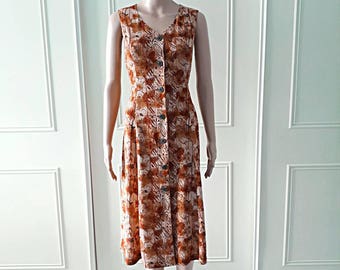 Handmade dress summer dress 1980's vintage dress 80's dress patterned dress midi dress mid length dress brown ladies dress size 12