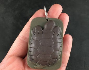 Carved Turtle Ribbon Jasper Stone Pendant Necklace Jewelry