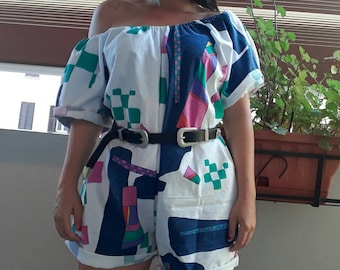 Handmade Romper with Vintage Fabric Color Block Size S M