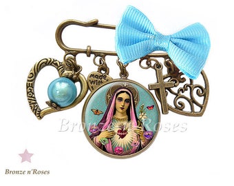 Virgin Mary gift jewelry bronze cabochon flower pin