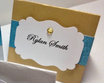Gold and Teal Blue Glitter Place Cards, Personalized Placecards, Turquoise Place Cards, Silver Placecards, Wedding Placecard