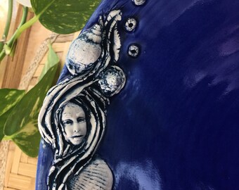 Handmade Mermaid Sculpture Bowl Cobalt Blue