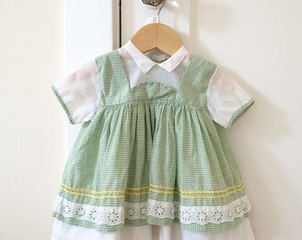 6-9 mo: Green Gingham Pinafore Style Dress, 1950's, Baby Girl