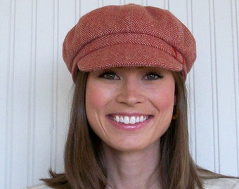 Womens Newsboy Hat, Newsboy Cap, Terracotta Wool Herringbone, Womens Hat, Winter Hat, MADE TO ORDER