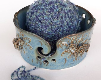 Ceramic Yarn bowl - Blue Brown Yarn Bowl with Roses - Pottery Yarn Bowl - Large Knitting bowl - Yarn Holder - Crochet Bowl - Gift for Mom