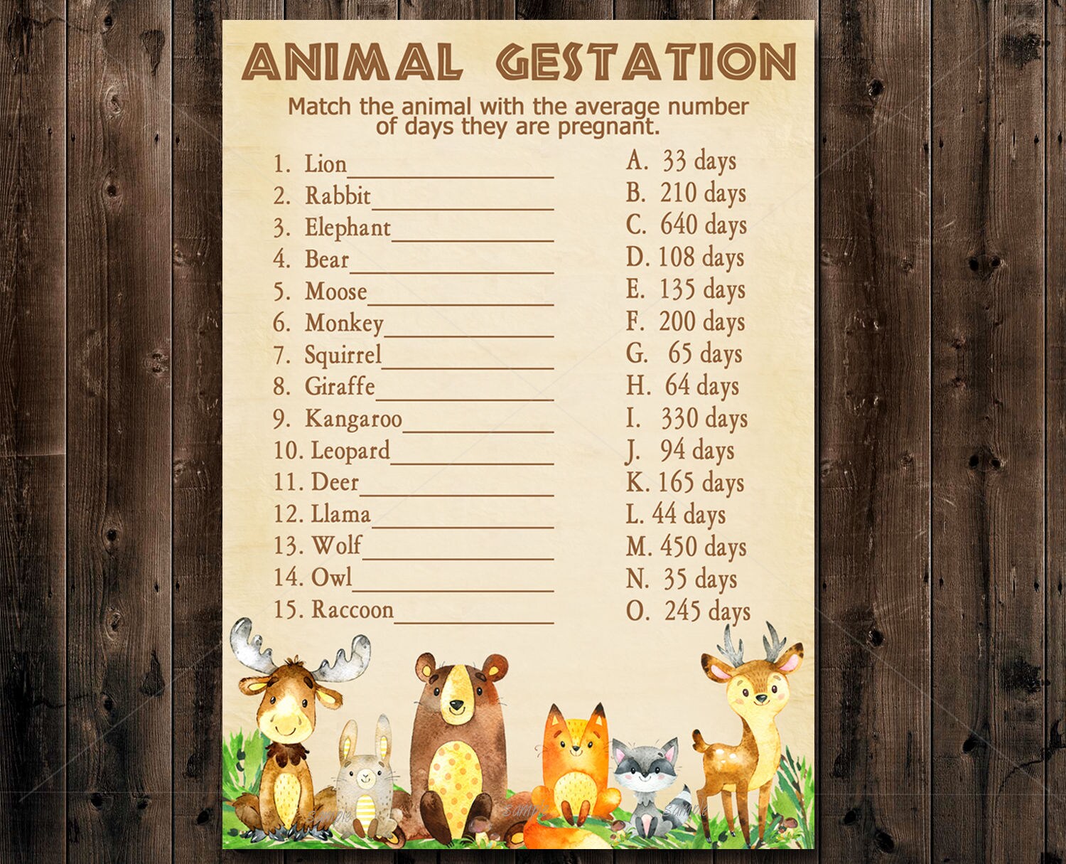Woodland Baby Shower Game Animal Gestation Game Printable