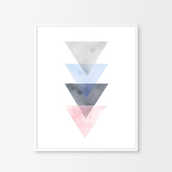 Triangles watercolor Blue watercolor Pink art Geometric art