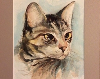 Original Watercolor Tabby Cat Portrait (9x12inch in mat)