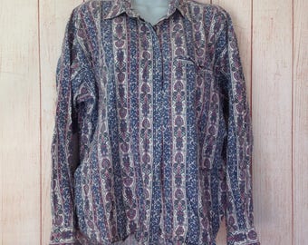 Vintage 90s Paris Sport Club Worldwide Button Front Preppy Blue Print Shirt