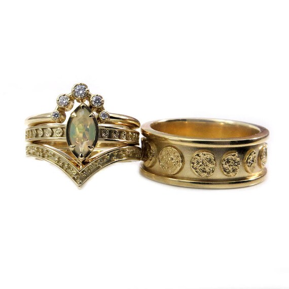His and Hers Moon Engagement Ring Set - Marquise Solitaire with Stardust Chevron and Diamond Constellation Band