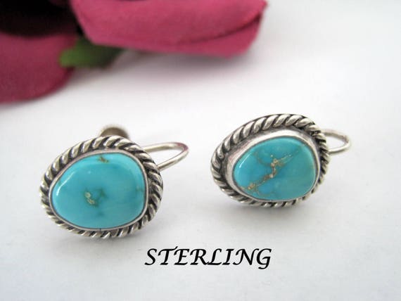 Native American Earrings, Sterling Turquoise, Southwestern, 40's Screw Backs