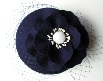 Navy Fascinator - Navy Hat, Wedding Hat, Wedding Fascinator, Wool Felt Hat, Felt Fascinator, Poppy, Cocktail Hat, Vintage Hat, 50s Style