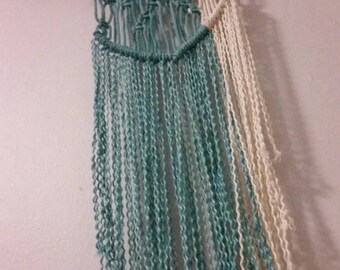 Blue and white macrame wall hanging