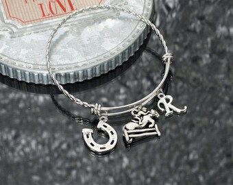 Equestrian bracelet, personalized horse lover gift, equestrian gift, horse charm bracelet gift, horseshoe jewelry, initial charm bangle