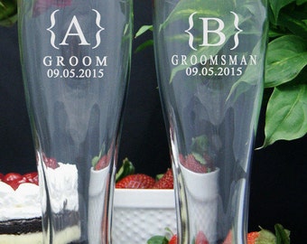 Personalized Beer Glasses / Custom Engraved Mug / Groomsmen Gifts / Wedding Party Glasses / 16oz Pilsner / Set of 6 / 16 DESIGNS