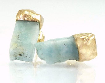 Raw Aquamarine Earrings, Gift, Aquamarine Stud Earrings, Raw Aquamarine studs, March Birthstone, Gold Aquamarine Studs, Raw Stone Jewelry.
