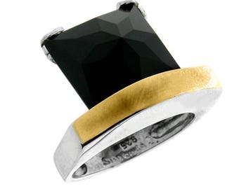 Silver and Gold ring, Black Onyx Ring, Womens silver ring, Gemstone ring, Unique silver ring, handmade