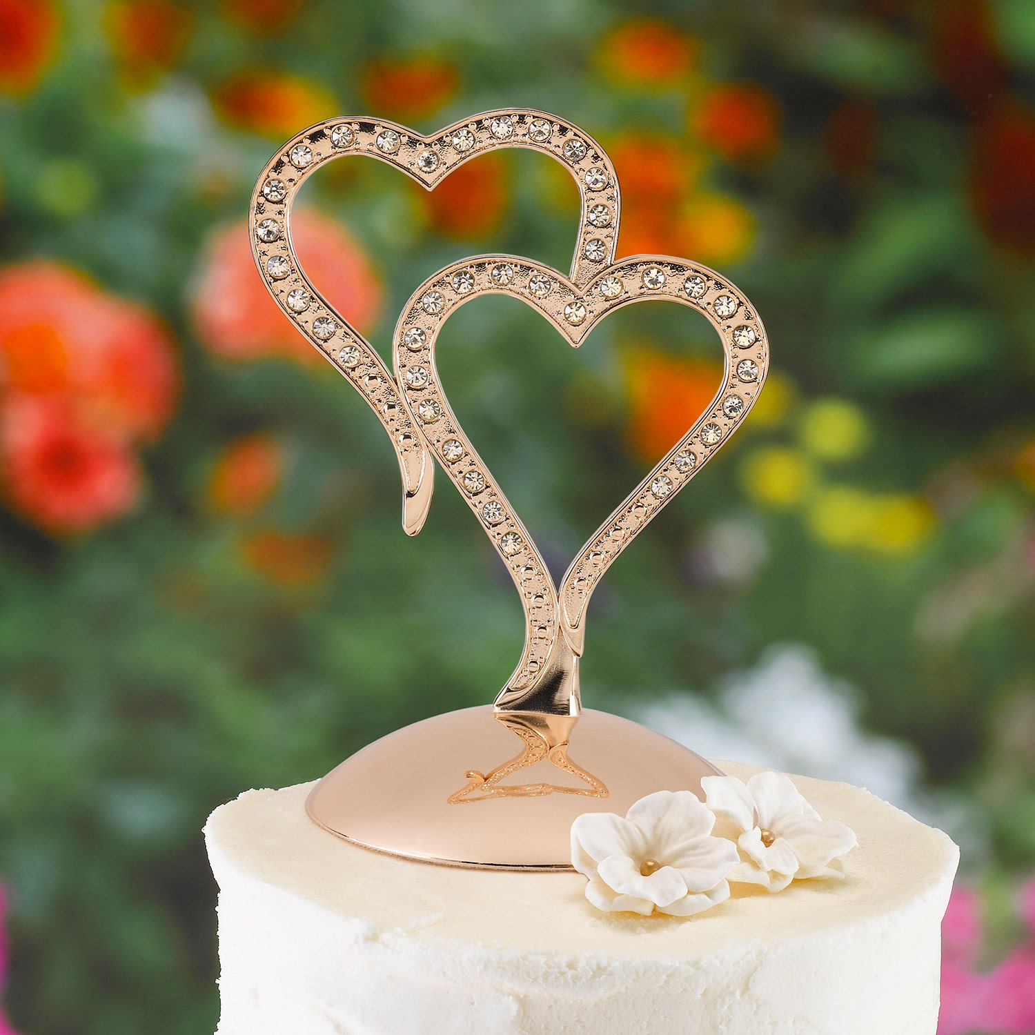 Wedding Cake Topper Rose Gold Double Hearts With Crystal