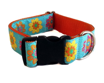 1.5" Turquoise Floral Wide Dog Collar Buckle or Martingale