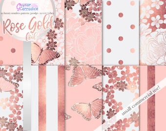Rose gold digital papers pack Blush floral Wedding seamless patterns Butterfly printable paper Girl boss background spring planner stickers
