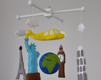 Crib mobile Baby mobile - Nursery decoration - Travel the world crib mobile -World landmarks baby mobile- airplane mobile- around the world