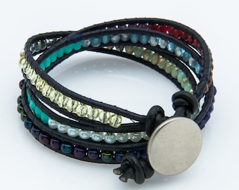 Glass bead leather wrap bracelet